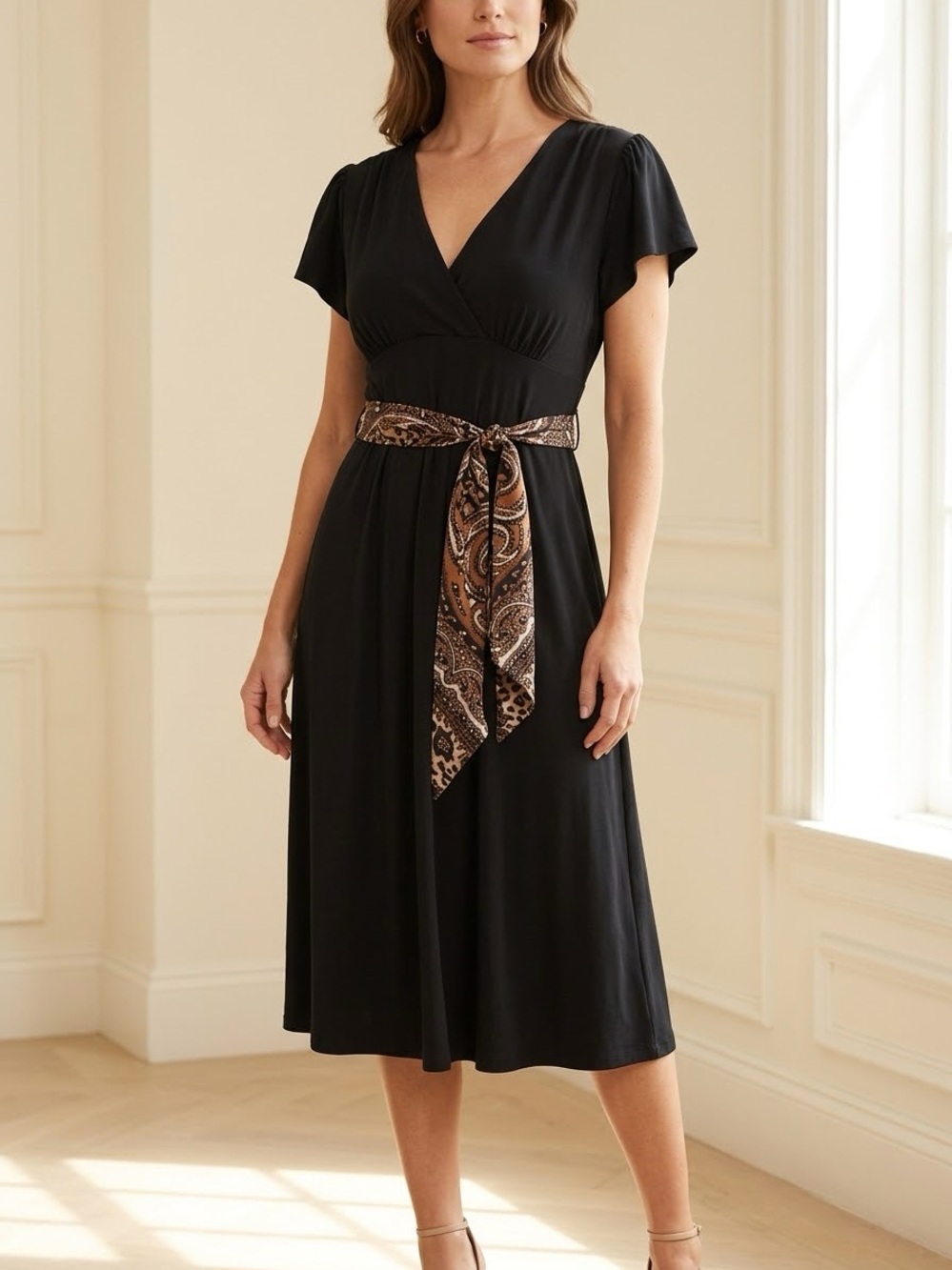 Nicole Miller Studio Black Midi Dress Scarf Belt Puff Sleeve NWT M